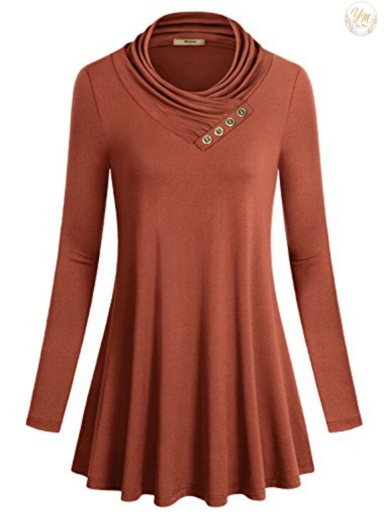 Tops - Women's Long Sleeve Cowl Neck Tunic Top - Form Fitting Casual Blouse